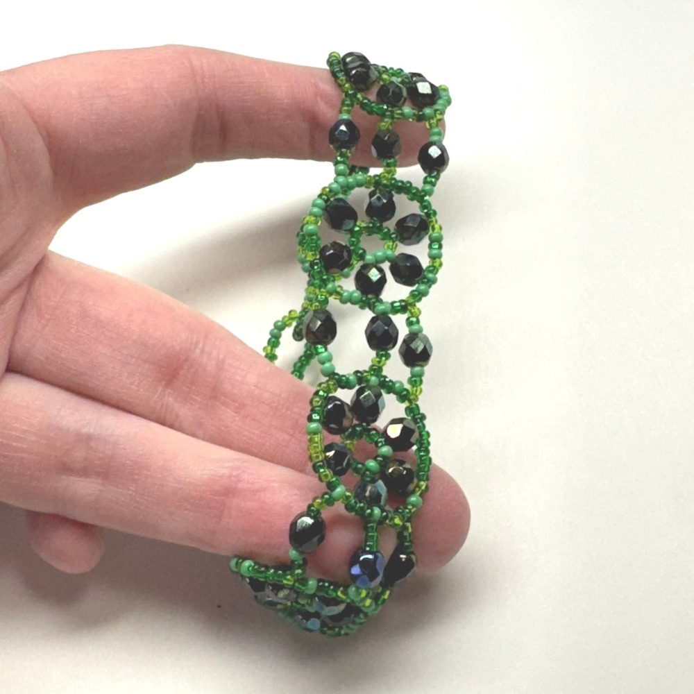 Handmade Beaded Bracelet Green Black‎ Crystal Circles Jewelry Women